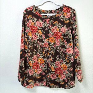 Denim & Co Button Front Top Size 1X Brown Multi Floral Print Long Sleeve A282231